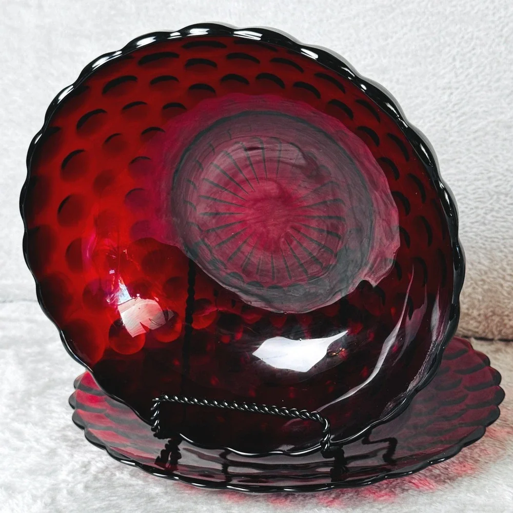 Anchor Hocking Ruby Red Glass Serving Bowl Plate Set Bubble Scalloped Vintage